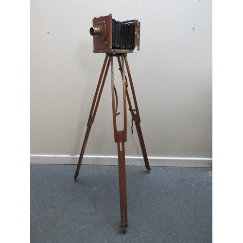 386 - AN EDWARDIAN PLATE CAMERA MARKED 'THE MIDLAND CAMER Co. BIRMINGHAM', fitted with brass lens on a woo... 