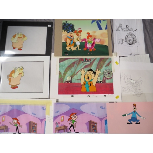 302 - A GROUP OF ANIMATION CELLS TO INCLUDE THE FLINTSTONES ETC., plus a quantity of drawings by John Coop... 