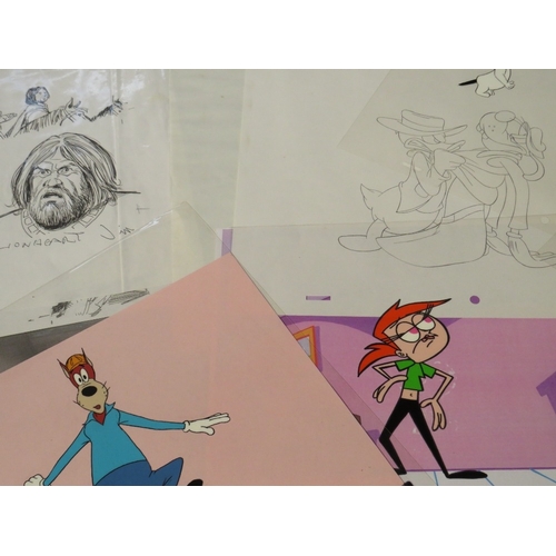 302 - A GROUP OF ANIMATION CELLS TO INCLUDE THE FLINTSTONES ETC., plus a quantity of drawings by John Coop... 