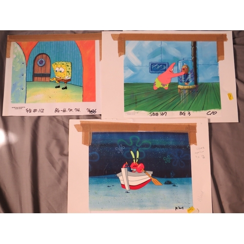 303 - THREE SPONGEBOB SQUAREPANTS ANIMATION CELLS, depicting Spongebob, Patrik and Mr Krabs