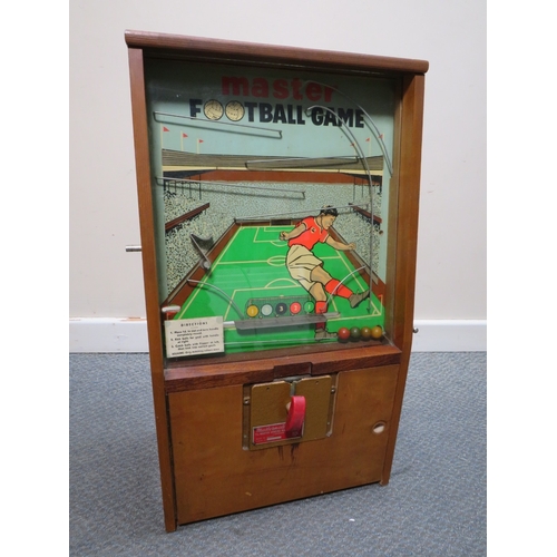 523 - MASTERMATIC 'MASTER FOOTBALL' WALL MOUNTED PENNY SLOT MACHINE, in wooden case with glazed front, H 6... 