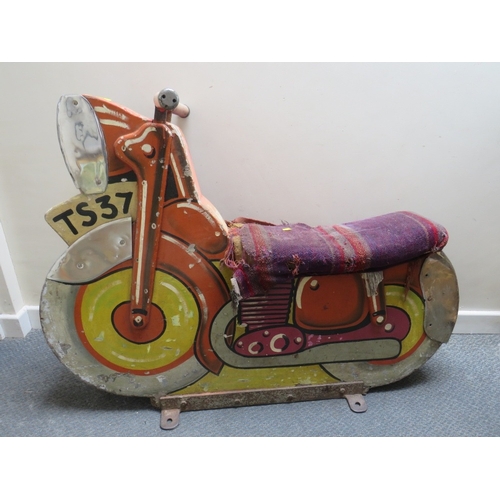 513 - A FAIRGROUND PAINTED WOOD CAROUSEL MOTORBIKE, with polychrome decoration, on metal bracket stand, L ... 