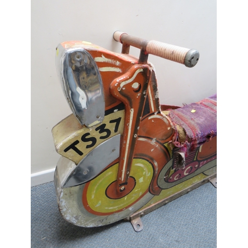 513 - A FAIRGROUND PAINTED WOOD CAROUSEL MOTORBIKE, with polychrome decoration, on metal bracket stand, L ... 