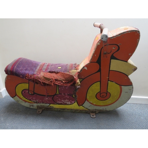 513 - A FAIRGROUND PAINTED WOOD CAROUSEL MOTORBIKE, with polychrome decoration, on metal bracket stand, L ... 