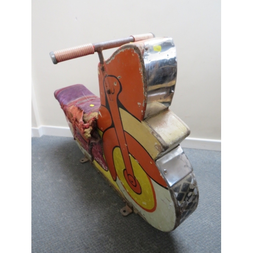 513 - A FAIRGROUND PAINTED WOOD CAROUSEL MOTORBIKE, with polychrome decoration, on metal bracket stand, L ... 