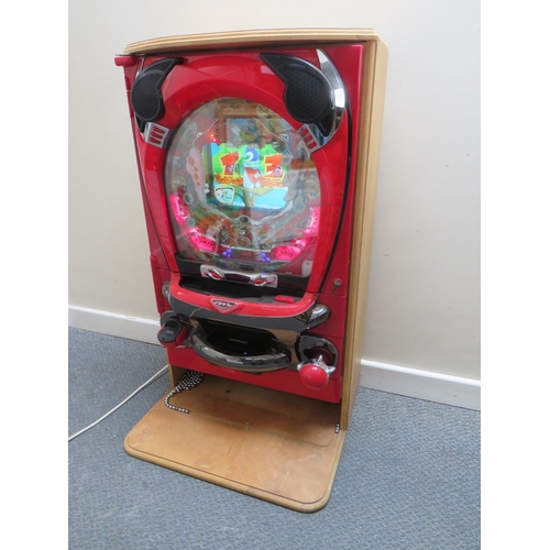 524 - A VINTAGE JAPANESE ? WALL MOUNTED ELECTRICAL WOODY WOODPECKER ARCADE PINBALL MACHINE, with key and b... 