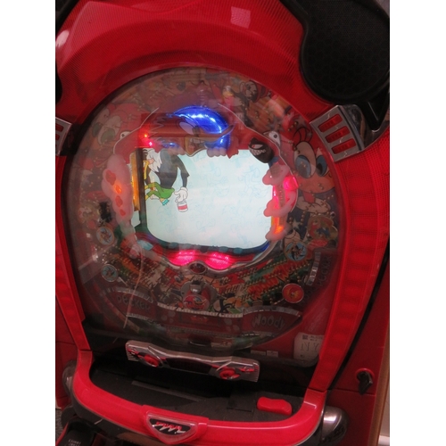 524 - A VINTAGE JAPANESE ? WALL MOUNTED ELECTRICAL WOODY WOODPECKER ARCADE PINBALL MACHINE, with key and b... 