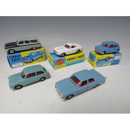 441 - FIVE BOXED CORGI VEHICLES, to include 'The Saint's car 258', Morris Minor Mini 226, Ford Zephyr 226,... 