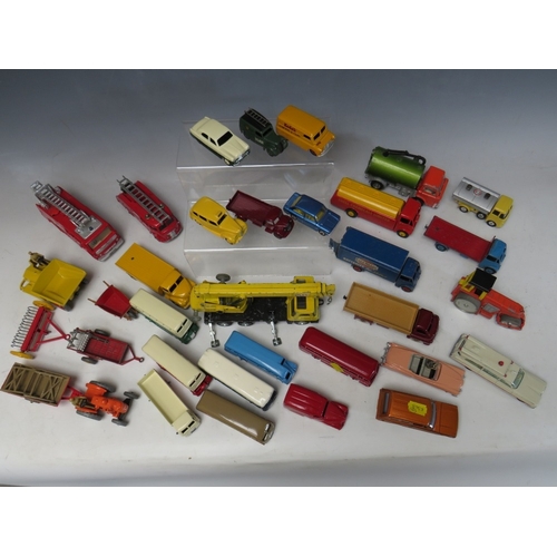 447 - A TRAY CONTAINING THIRTY FOUR VINTAGE DINKY ITEMS, to include Merryweather Marquis fire tender, Muir... 