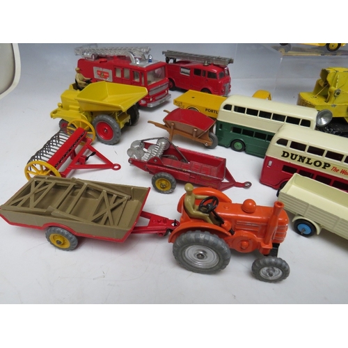 447 - A TRAY CONTAINING THIRTY FOUR VINTAGE DINKY ITEMS, to include Merryweather Marquis fire tender, Muir... 