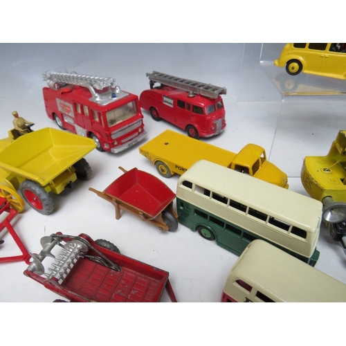 447 - A TRAY CONTAINING THIRTY FOUR VINTAGE DINKY ITEMS, to include Merryweather Marquis fire tender, Muir... 