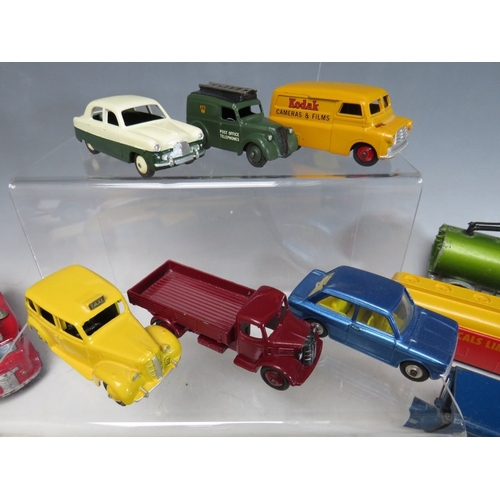 447 - A TRAY CONTAINING THIRTY FOUR VINTAGE DINKY ITEMS, to include Merryweather Marquis fire tender, Muir... 