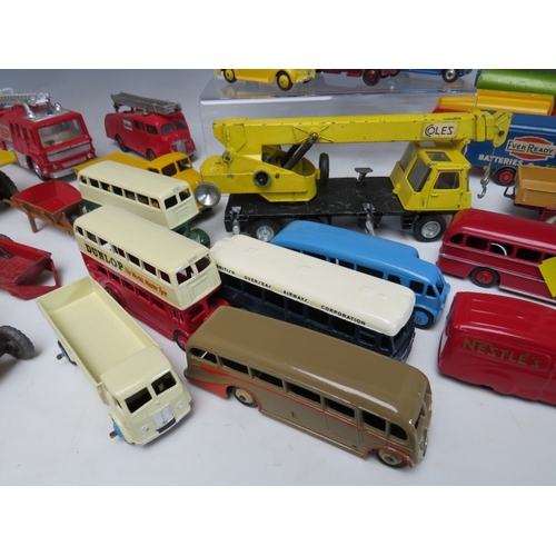 447 - A TRAY CONTAINING THIRTY FOUR VINTAGE DINKY ITEMS, to include Merryweather Marquis fire tender, Muir... 