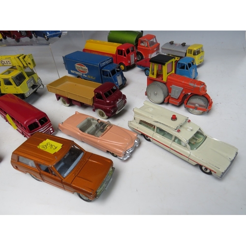 447 - A TRAY CONTAINING THIRTY FOUR VINTAGE DINKY ITEMS, to include Merryweather Marquis fire tender, Muir... 