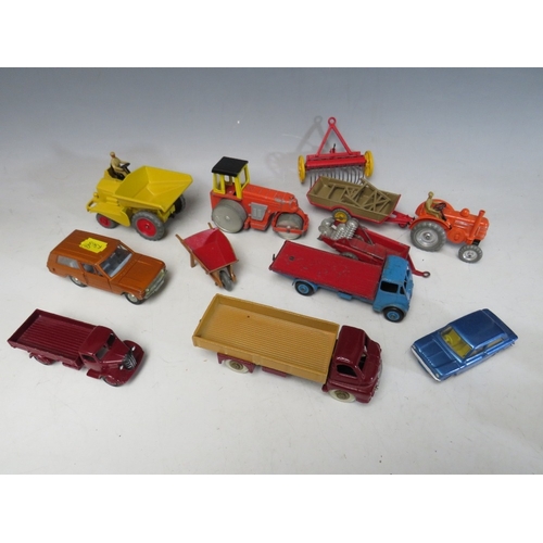 447 - A TRAY CONTAINING THIRTY FOUR VINTAGE DINKY ITEMS, to include Merryweather Marquis fire tender, Muir... 