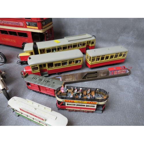 448 - A TIN PLATE LONDON OPEN TOPPED SIGHTSEEING BUS, three Tenshodo vehicles, four plastic model motorbik... 