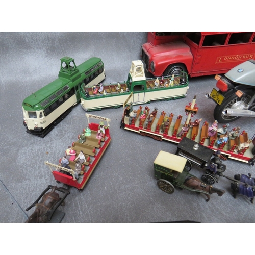 448 - A TIN PLATE LONDON OPEN TOPPED SIGHTSEEING BUS, three Tenshodo vehicles, four plastic model motorbik... 