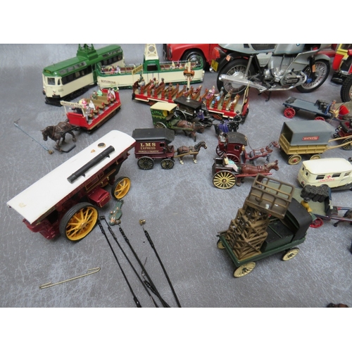 448 - A TIN PLATE LONDON OPEN TOPPED SIGHTSEEING BUS, three Tenshodo vehicles, four plastic model motorbik... 