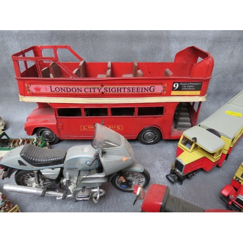 448 - A TIN PLATE LONDON OPEN TOPPED SIGHTSEEING BUS, three Tenshodo vehicles, four plastic model motorbik... 