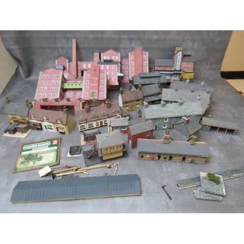 399 - THREE BOXES OF 00 GAUGE BUILDINGS, both plastic and card, together with 00 gauge model station build... 