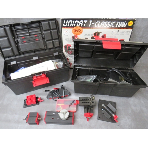 379 - TWO PLASTIC TOOL BOXES AND CONTENTS, contents include Unimat modelling tools and Mamod  / Wilesco re... 