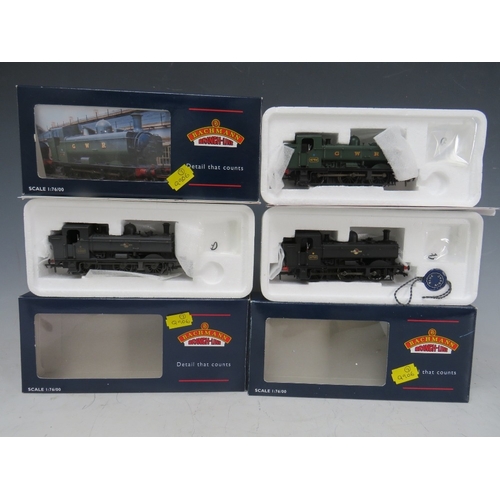 407 - THREE BOXED BACHMANN 00 GAUGE SCALE TANKS, to include  32200A Pannier tank 6752 GWR green, 32202A Pa... 