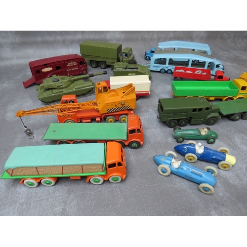 468 - A TRAY CONTAINING NINETEEN UNBOXED DINKY VEHICLES, to include two Pullmore car transporters, Cheifta... 