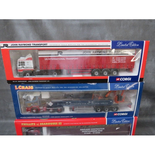 472 - FOUR BOXED CORGI 1:50 SCALE ARTICULATED LORRIES AND TRAILERS, to include I Craig Scania CC12218, Joh... 