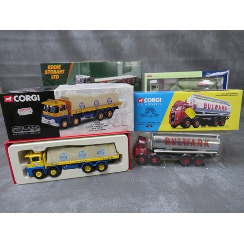 475 - A TRAY CONTAINING SIX BOXED CORGI VEHICLES, to include Eddie Stobart Atkinson Borderer flatbed trail... 