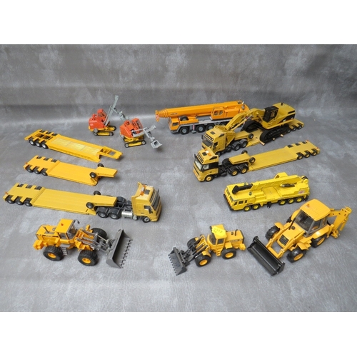 481 - TEN UNBOXED CRANES, TRACTORS, DIGGERS AND HEAVY HAULAGE, various makes to include Conrad, Matchbox, ... 