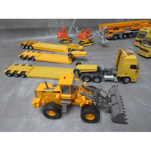 481 - TEN UNBOXED CRANES, TRACTORS, DIGGERS AND HEAVY HAULAGE, various makes to include Conrad, Matchbox, ... 