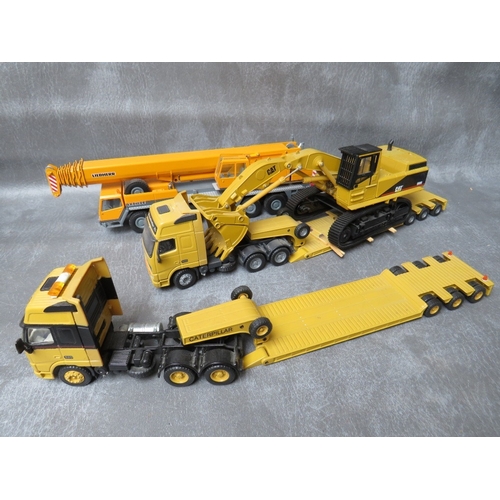 481 - TEN UNBOXED CRANES, TRACTORS, DIGGERS AND HEAVY HAULAGE, various makes to include Conrad, Matchbox, ... 