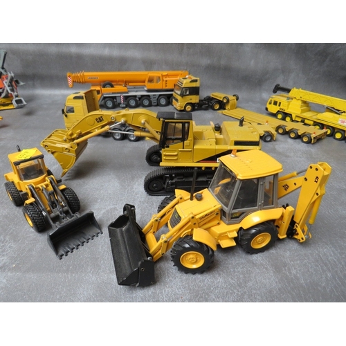 481 - TEN UNBOXED CRANES, TRACTORS, DIGGERS AND HEAVY HAULAGE, various makes to include Conrad, Matchbox, ... 