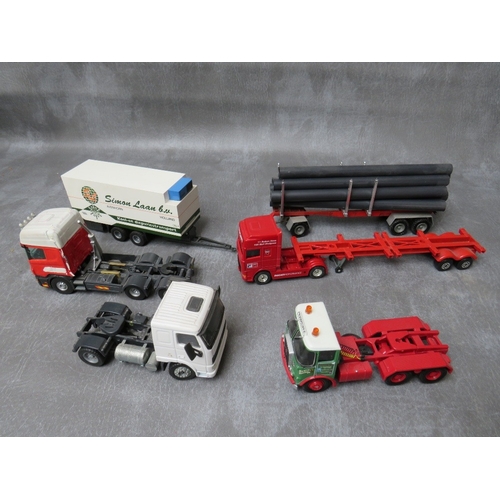 484 - FOUR UNBOXED ARTICULATED LORRIES AND TRAILERS / TANKERS, together with two Corgi Major car transport... 