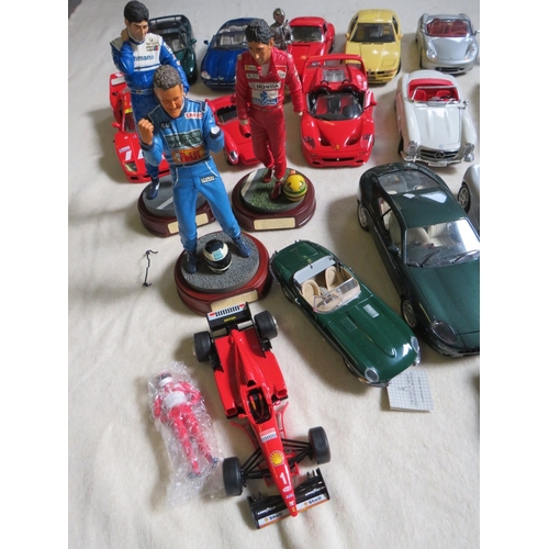 489 - A COLLECTION OF UNBOXED DIE CAST CARS AND FIGURES, cars mainly 1:18 scale by Burago, Maisto etc., fi... 