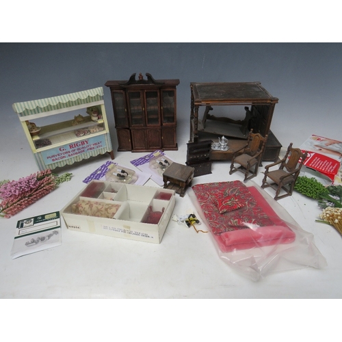 361 - A SMALL TRAY OF DOLLS HOUSE FURNITURE, to include a four poster bed, table and chairs, dresser, wall... 