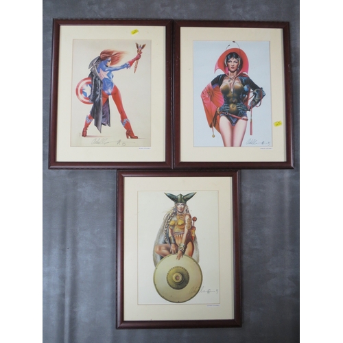 306 - A SET OF THREE FRAMED FANTASY SIGNED PRINTS BY CHRIS ACHILLES 1993, to include Miss America, Queen B... 