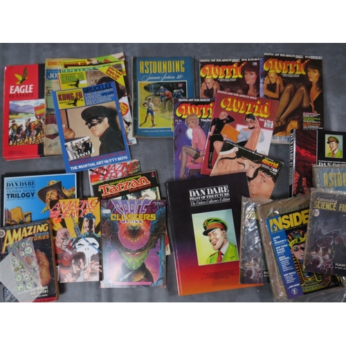 349 - A TRAY OF MIXED COMICS, MAGAZINES AND COMIC BOOKS, to include five Torrid Erotic Art magazines and t... 