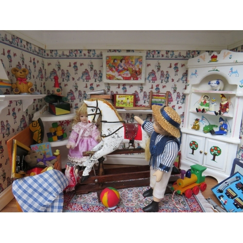 362 - TWO DIORAMA ROOM BOXES, displaying a Victorian class room and a child's play room