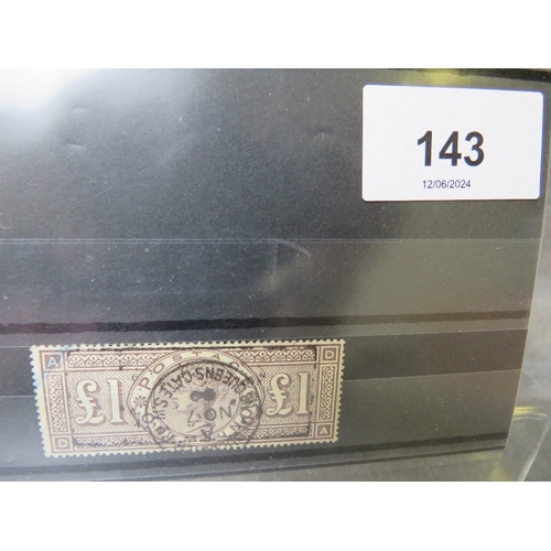 143 - QV USED £1 BROWN-LILAC, SG 185, wmk crowns