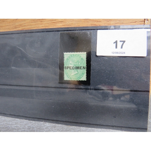 17 - QV MINT 1/GREEN, no corner letters, with 'SPECIMEN' overprint