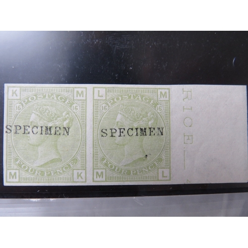 20 - QV MINT 4D SAGE GREEN, plate 15, imperforate pair, sheet margin type P, 'SPECIMEN' overprint