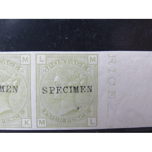 20 - QV MINT 4D SAGE GREEN, plate 15, imperforate pair, sheet margin type P, 'SPECIMEN' overprint