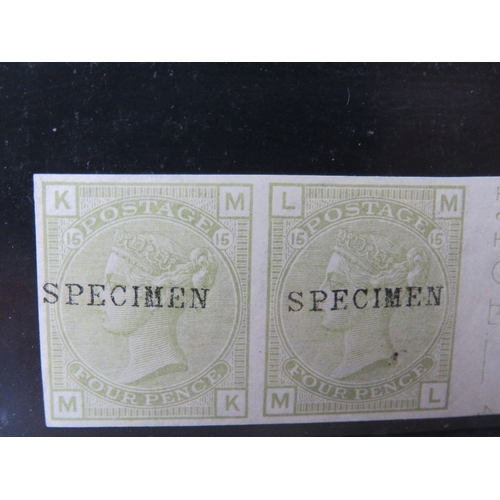 20 - QV MINT 4D SAGE GREEN, plate 15, imperforate pair, sheet margin type P, 'SPECIMEN' overprint