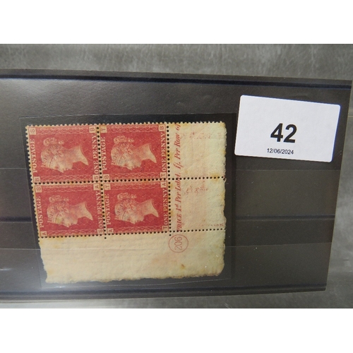 42 - QV U/MINT BLOCK OF 1D REDS, plate 206, hinged in margin, with marginal plate number and marginal ins... 