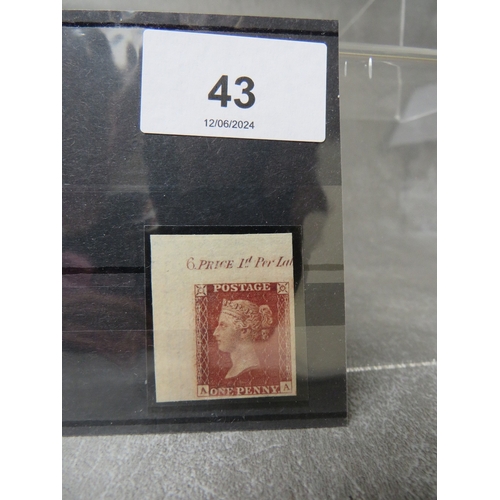 43 - QV MINT 1D RED, imperforate, plate 6, showing marginal inscription and marginal plate number 6