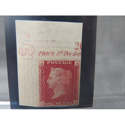 44 - QV MINT 1D RED, imprimatur, plat 170, showing marginal plate number 170 and marginal inscription