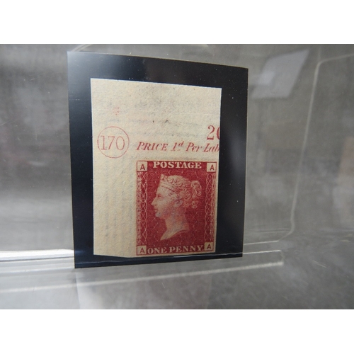 44 - QV MINT 1D RED, imprimatur, plat 170, showing marginal plate number 170 and marginal inscription