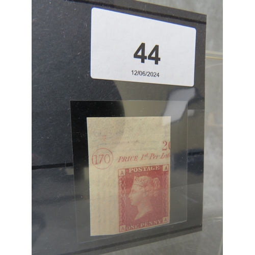 44 - QV MINT 1D RED, imprimatur, plat 170, showing marginal plate number 170 and marginal inscription