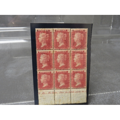 QV MINT BLOCK OF 9 1D REDS, plate 183, with marginal inscription, some perf seperation and strengthening